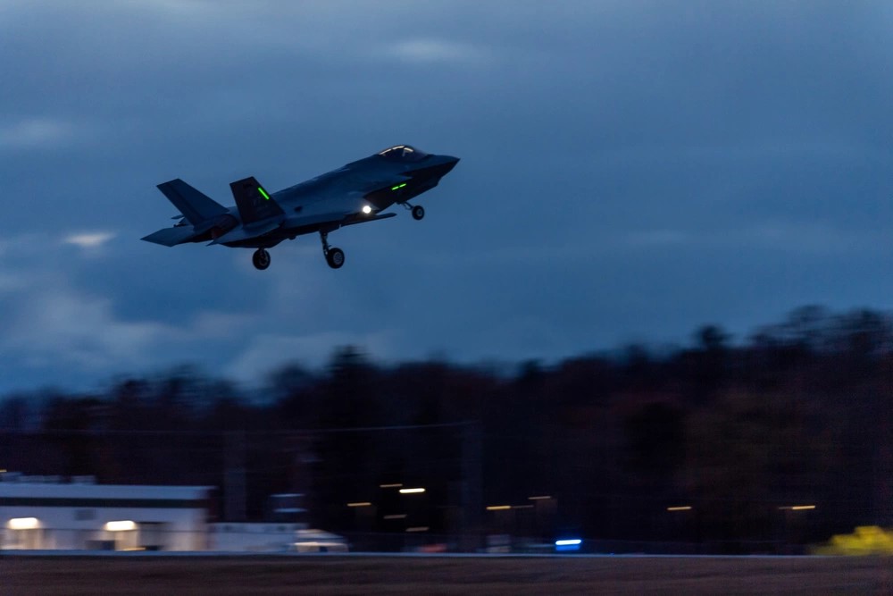 An F-35A Lightning II pilot assigned to the 134th Fighter Squadron, Vermont Air National Guard, prepares to depart during a routine night training mission.