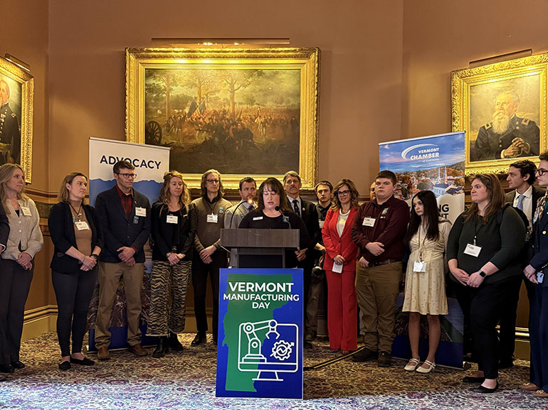Photo: Vermont Chamber of Commerce manufacturing press conference (Amy Spear at podium). Courtesy photo.