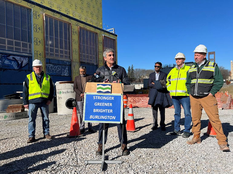 Photo: Mayor Weinberger, at podium, with CityPlace partners Dave Farrington, far right; Scott Ireland, second from right; and Al Senecal, far left, at Feb. 8 press conference.   Courtesy photo.