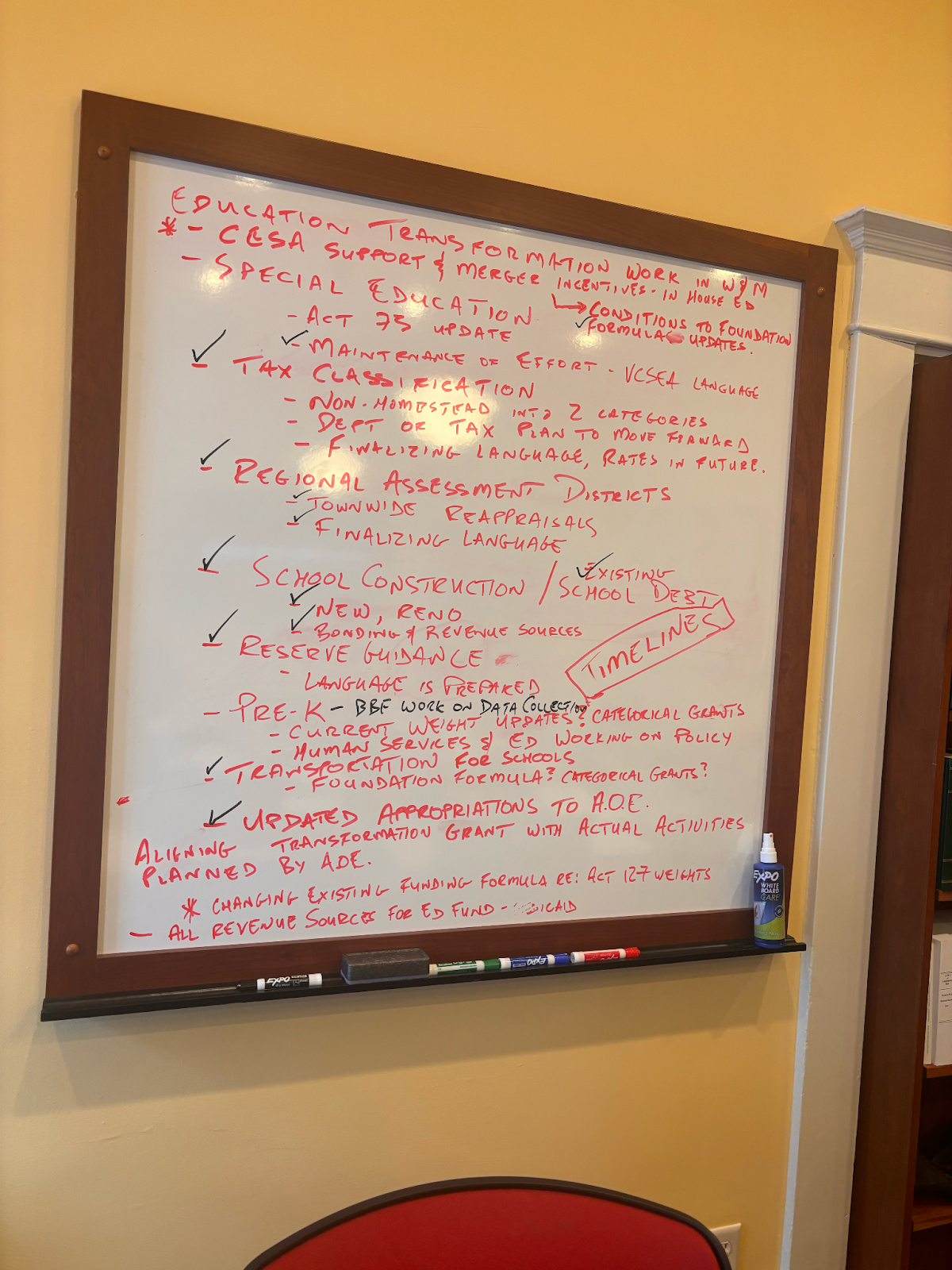 Whiteboard outlining key decision points in the education reform bill, drafted by the House Ways and Means Committee Ranking Member Charlie Kimbell (D-Woodstock)
