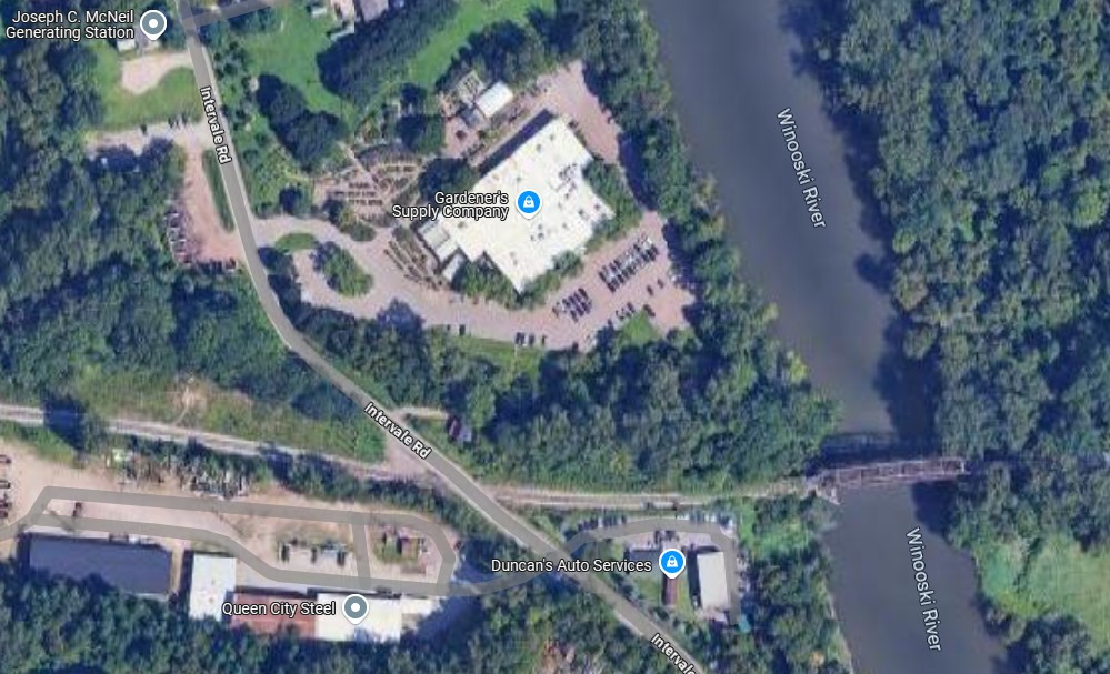 Winooski Branch track now operates at a walking pace. The upgrade will allow heavier trains and faster speeds. Google Maps aerial screenshot.