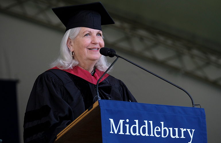 Photo: Commencement speaker Terry Tempest Williams addresses the Class of&nbsp;2024. (Credit: Brett Simison )