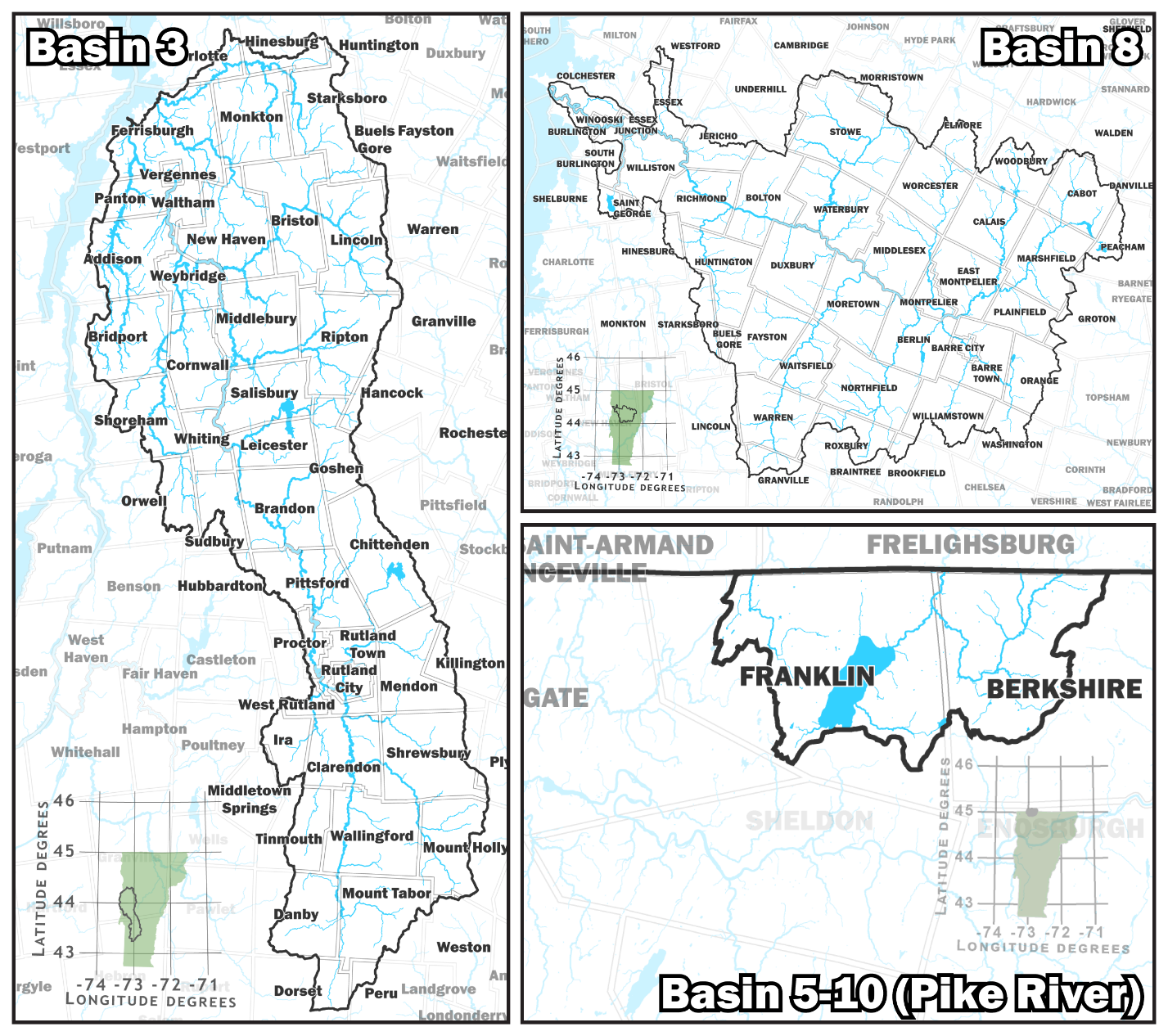 The areas of map updates include Basin 3 (Otter Creek, Little Otter Creek, and Lewis Creek Basin) and Basin 8 (Winooski River Basin), and parts of Basin 5-10. 