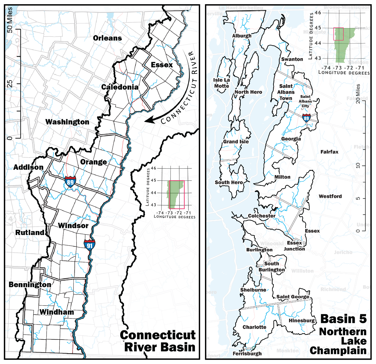 Areas of map updates include the Connecticut River Basin (eastern portion of the state) and the Northern Lake Champlain Basin (northwestern portion of the state).