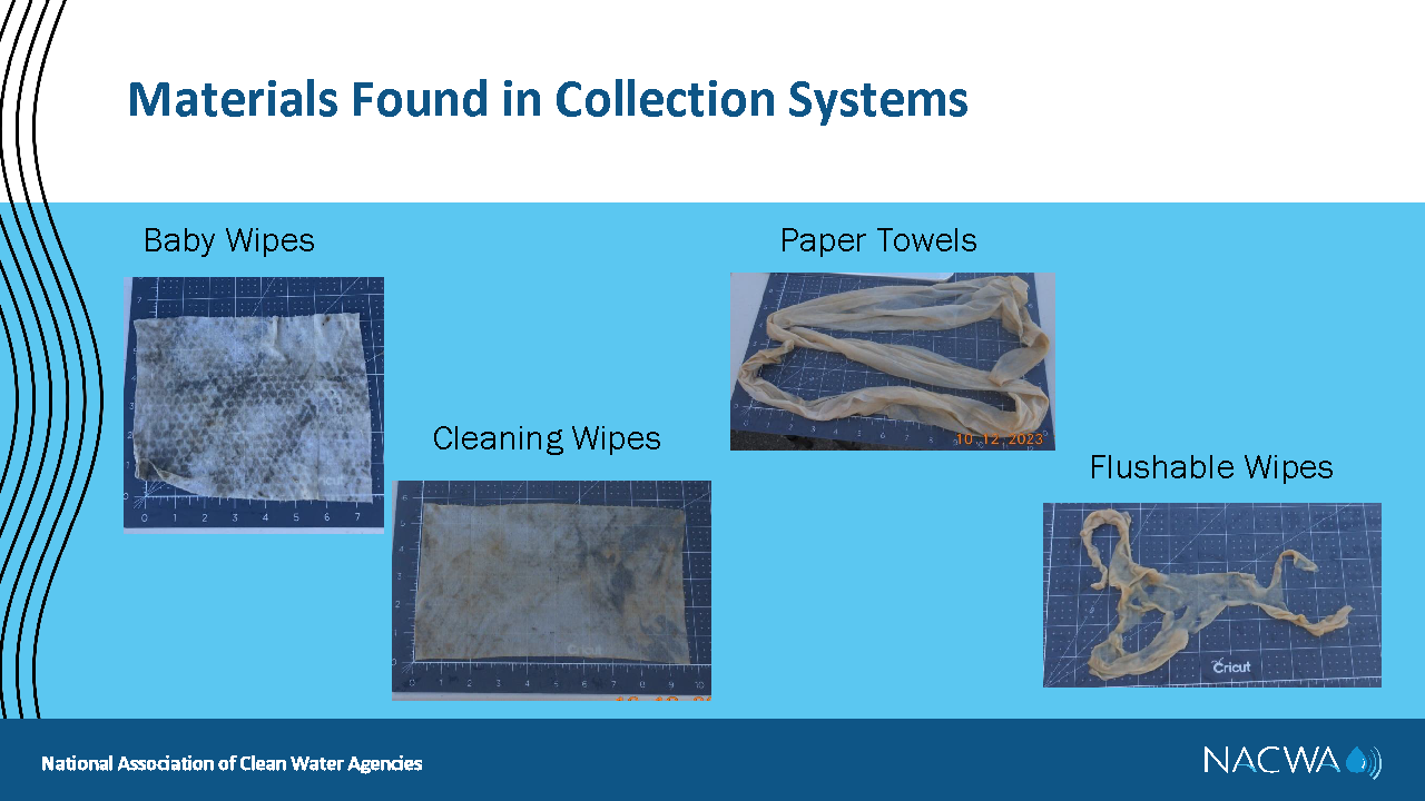Items like paper towels and cleaning wipes do not break down once flushed and have been found intact after being recovered from sewer pipes. Photo credit: Responsible Flushing Alliance.