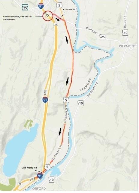 Interstate 91 southbound closure in Fairlee Saturday