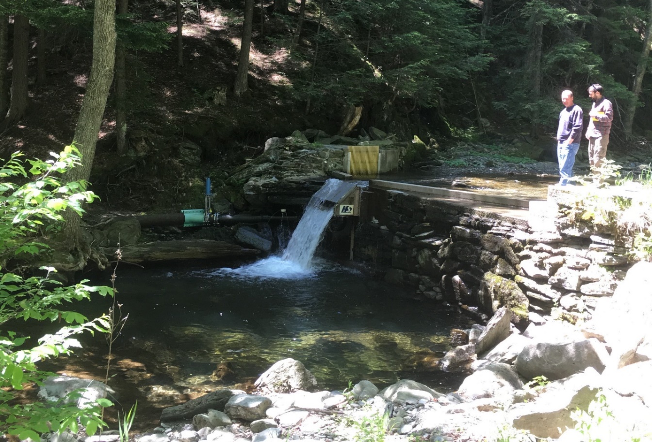 Staff from the Agency of Natural Resources inspect a water diversion on the Flint Brook in Roxbury.