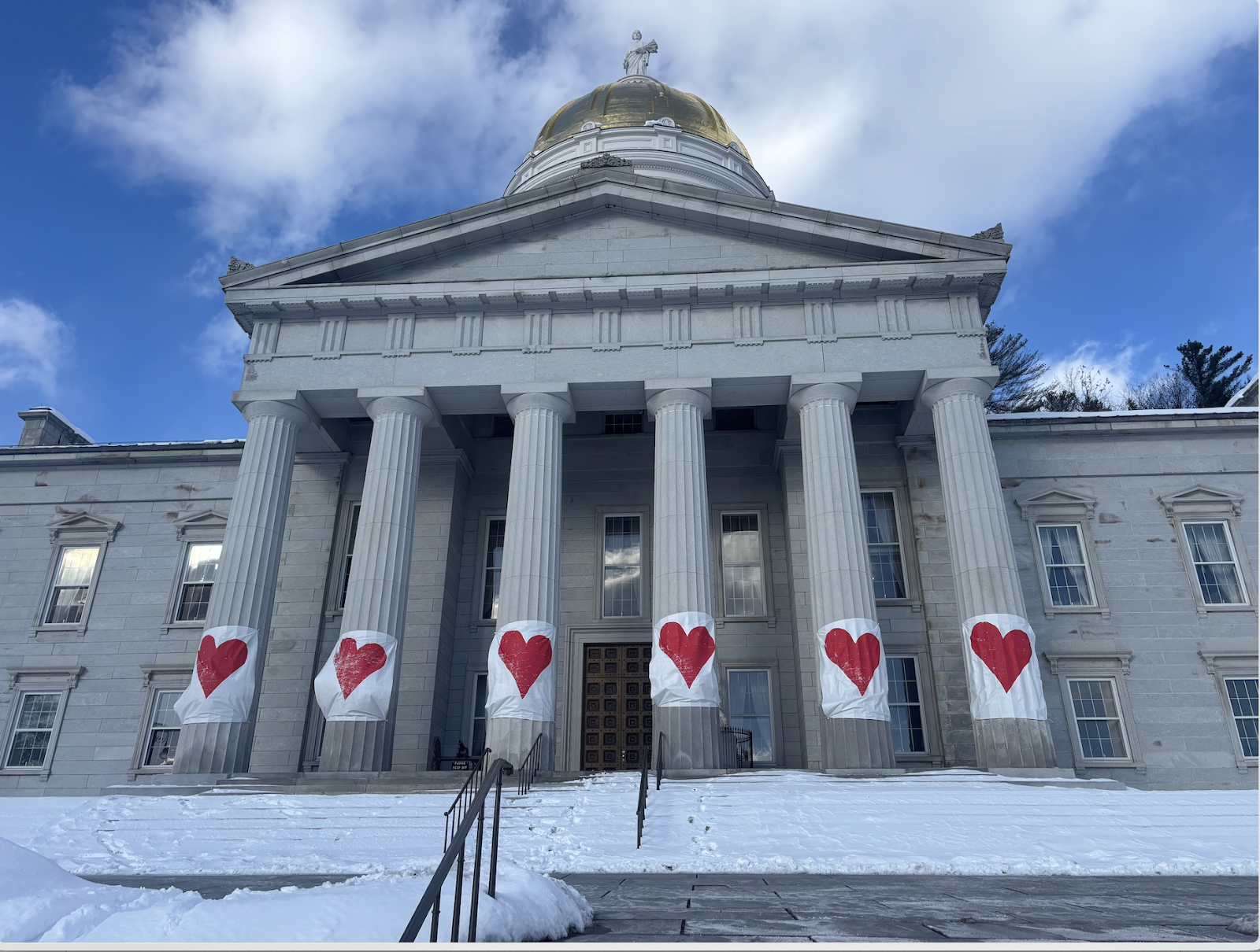On Friday, the State House is adorned with love via the Montpelier Valentine’s Day Bandit.