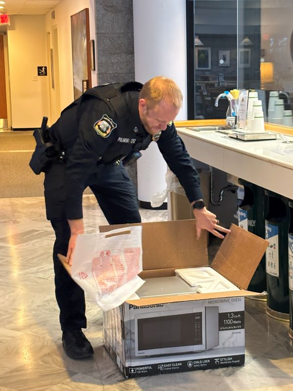 A new microwave arrived. It was unboxed and installed after-hours by Capitol Police.